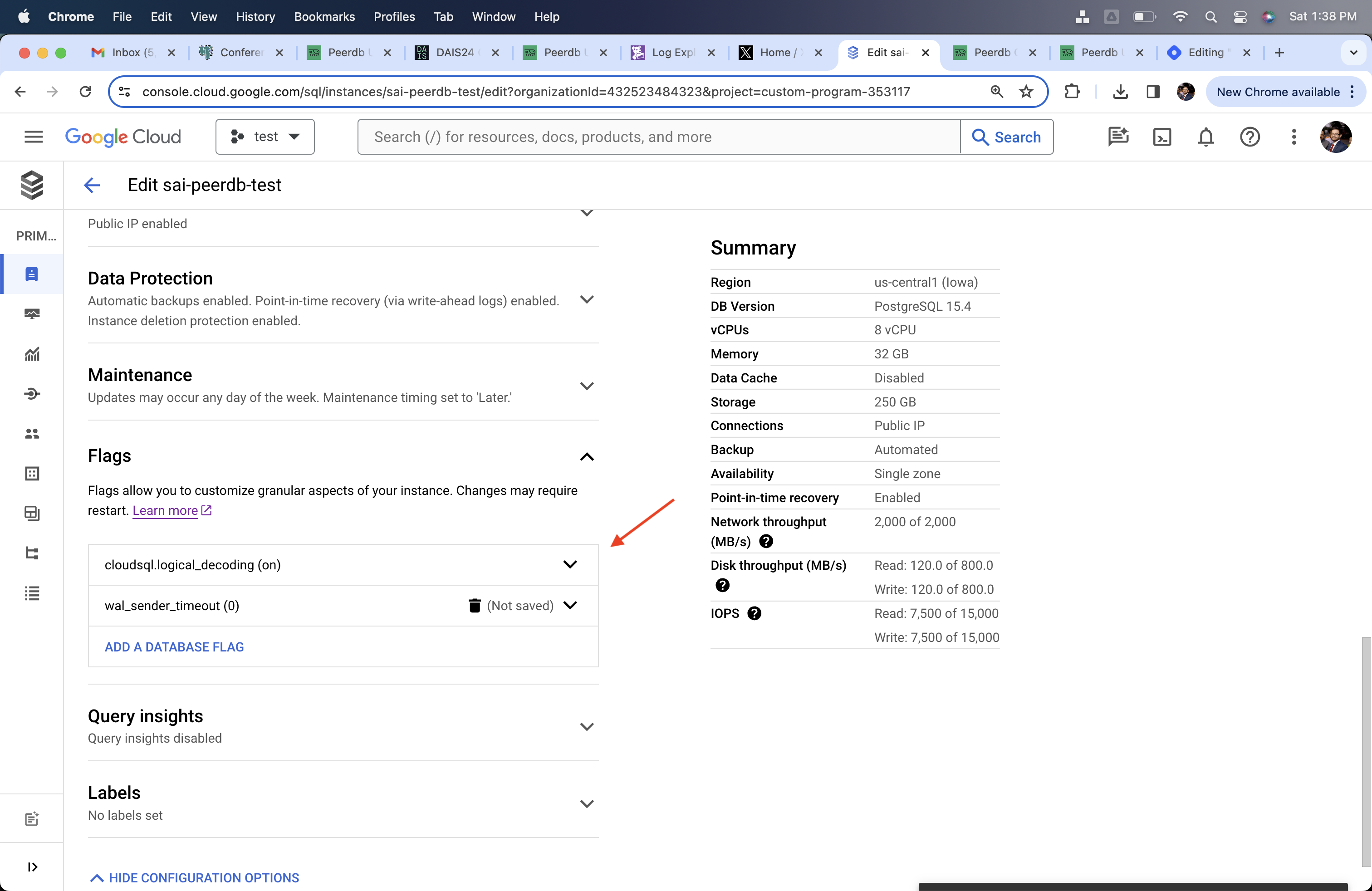 Изменение cloudsql.logical_decoding и wal_sender_timeout