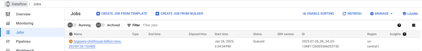 DataFlow console showing a running BigQuery to ClickHouse job