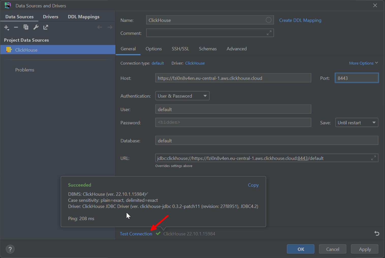 Форма параметров подключения в DataGrip с настройками ClickHouse