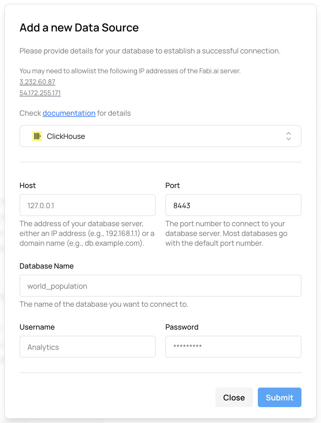 ClickHouse credentials form