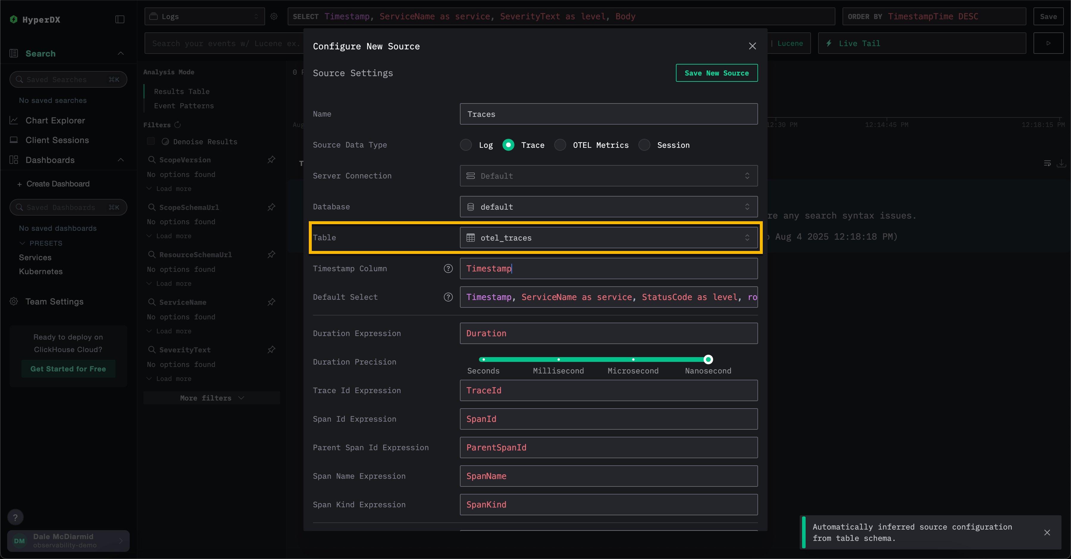 HyperDX создать источник трассировок