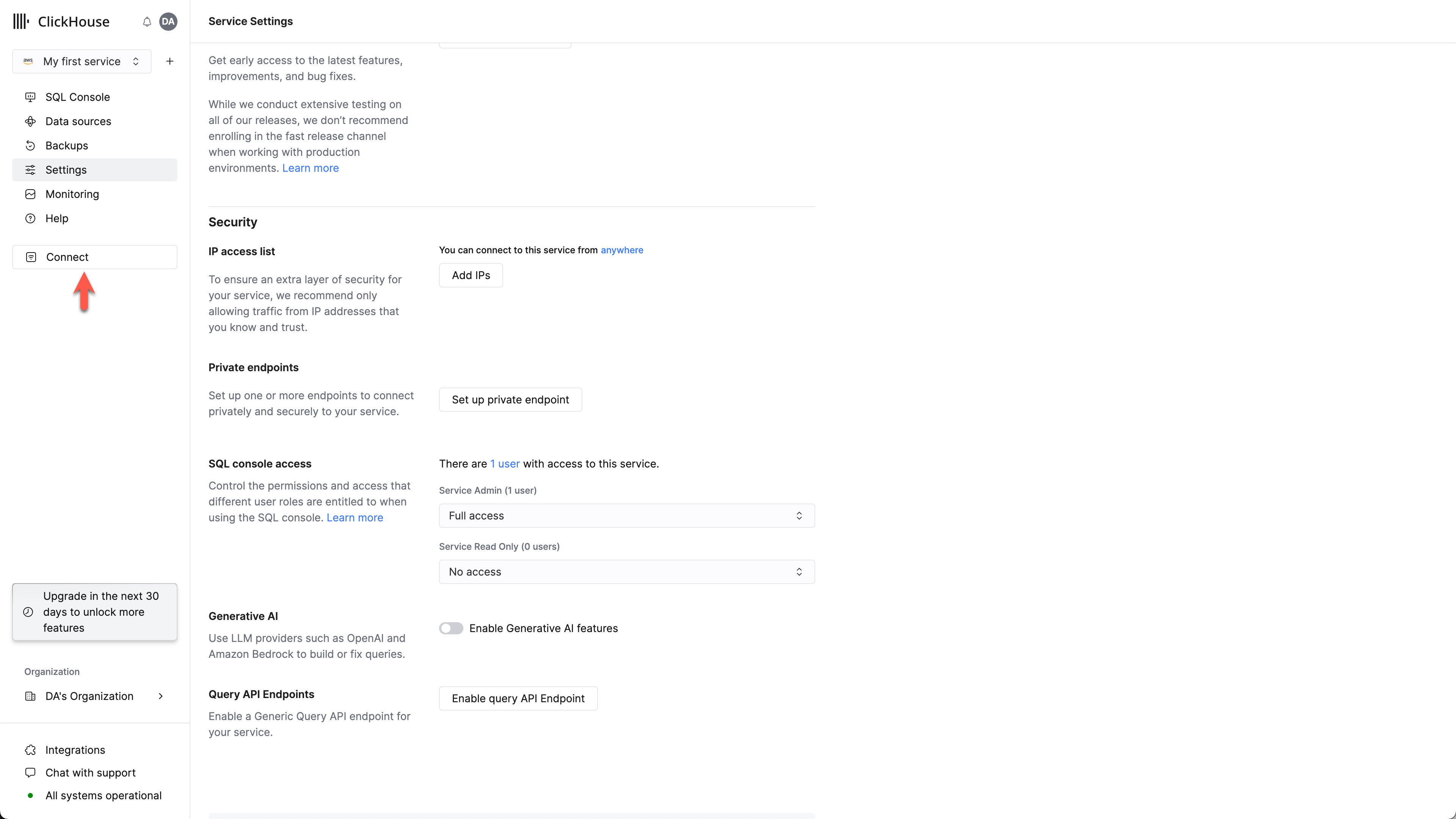 Экран подключения сервиса ClickHouse Cloud с выделенным вариантом Подключить