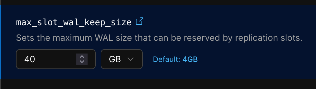 Регулировка max_slot_wal_keep_size в консо�ли PlanetScale