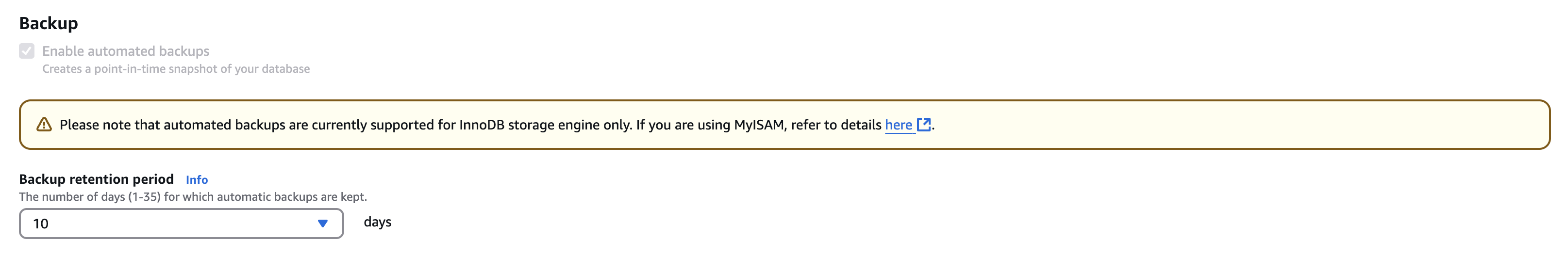 Включение автоматических резервных копий в Aurora