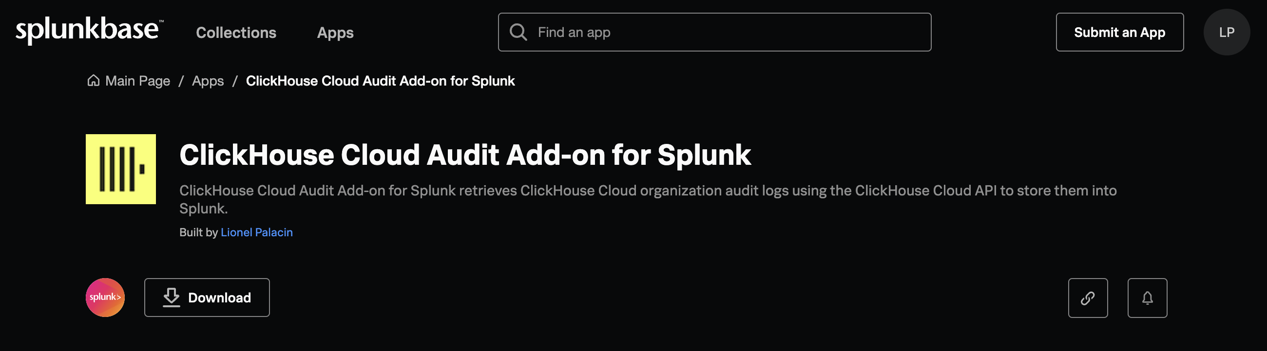 Сайт Splunkbase, показывающий страницу загрузки аддона ClickHouse Cloud Audit для Splunk