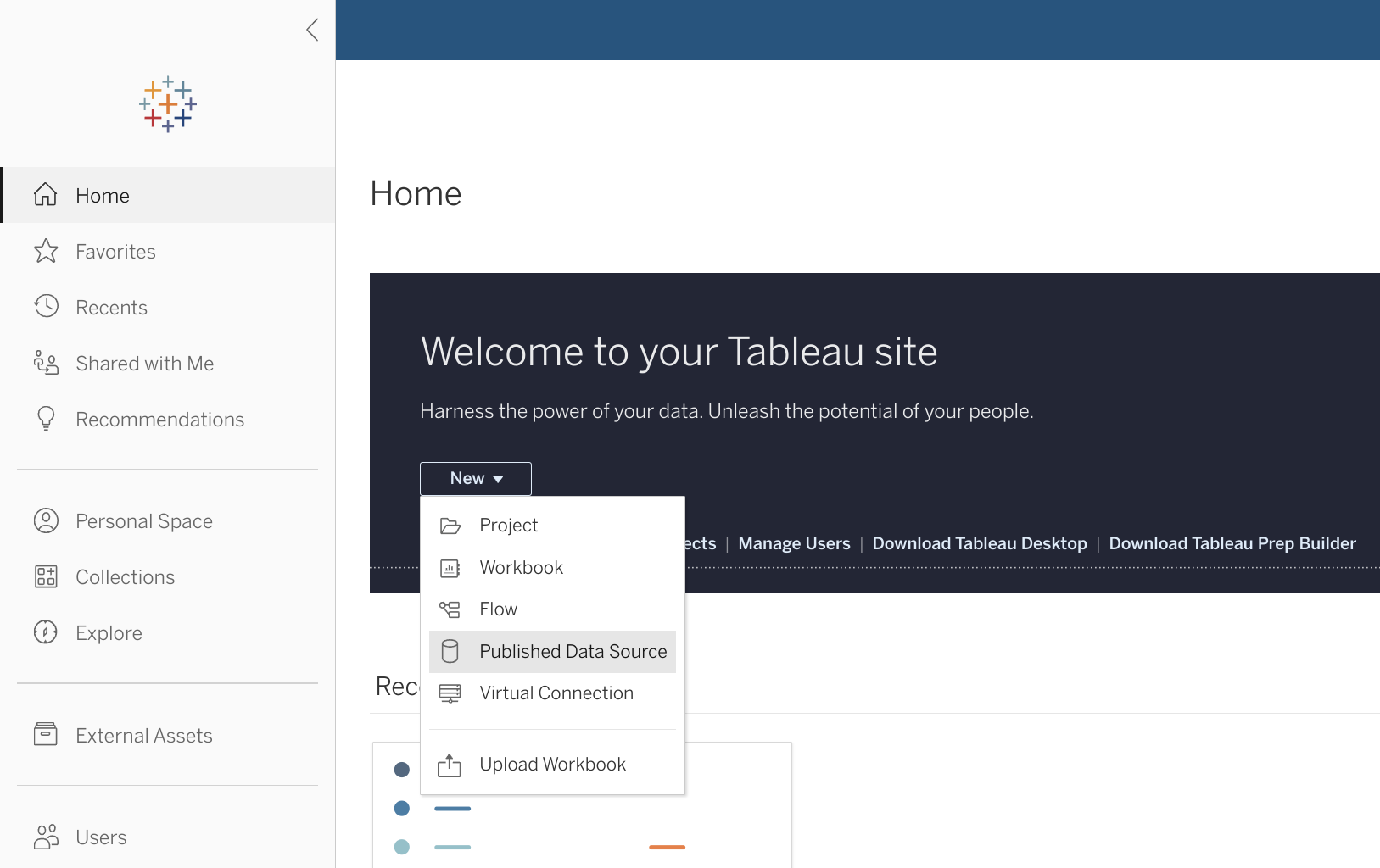 Интерфейс Tableau Online с кнопкой 'Новый' для создания опубликованного источника данных