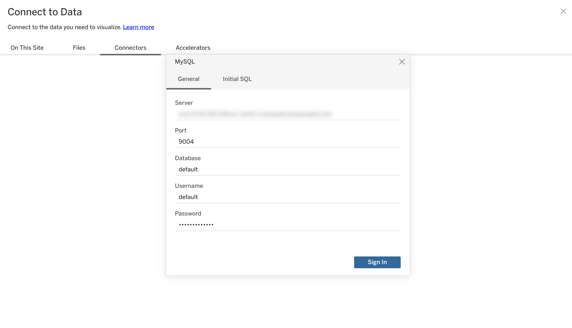 Экран настройки подключения MySQL в Tableau Online с полями сервера, порта, базы данных и учетных данных