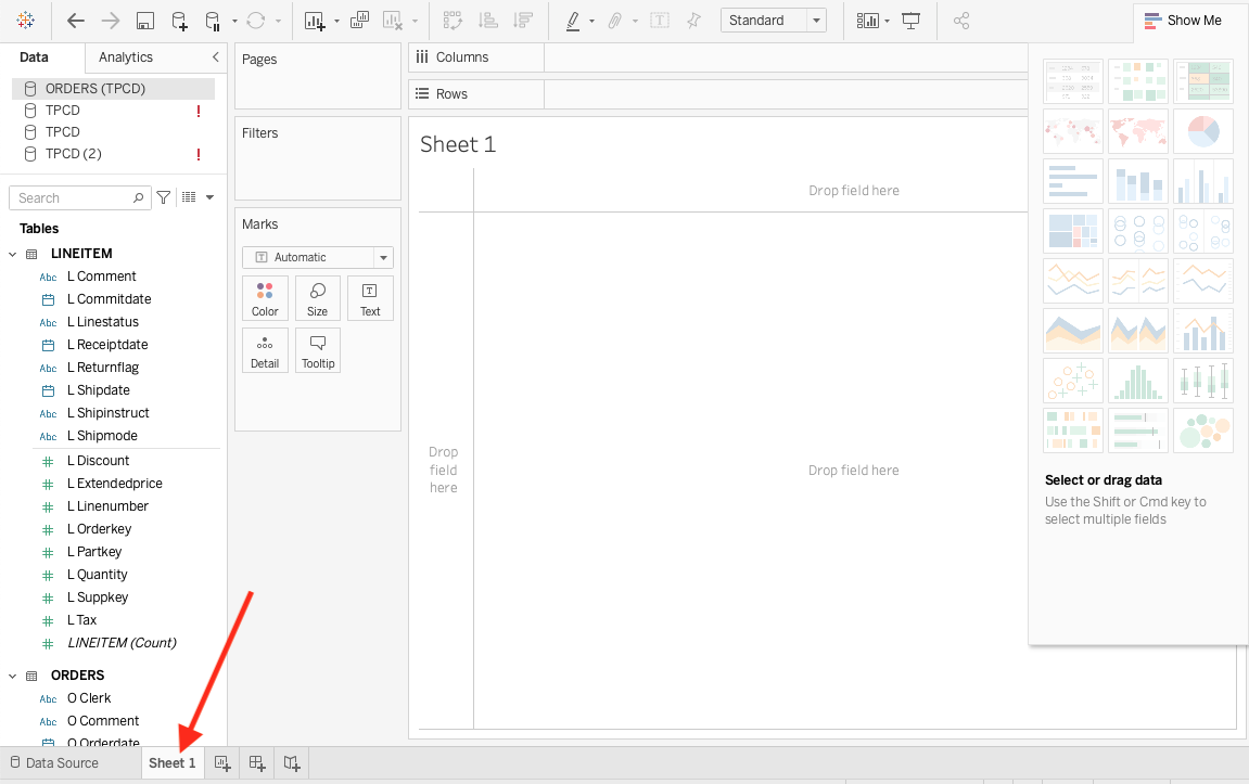 Лист Tableau, показывающий размеры и меры из таблиц ClickHouse, доступные для анализа